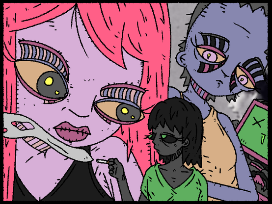 characters surrounding each other. Some are significantly larger than the one in the middle, but the one in the middle doesn't seem to care and smokes a tobacco cigarette.

There's a mata_bot in the background with a green goo nosebleed.