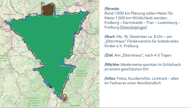 Screenshot einer Seite aus der Projektbeschreibung. Links ist die Route zu sehen - ein auf dem Kopf stehender Weihnachtsbaum. Rechts stehen ein paar Details zu Strecke