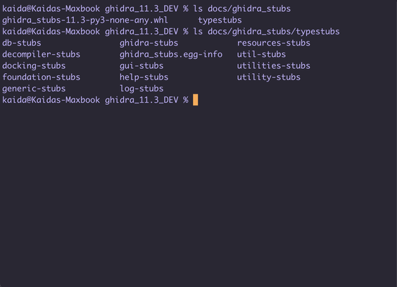 A directory listing showing the nice type hint package in the Ghidra docs directory.