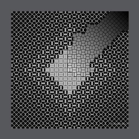 One of the pictures from the previous post showing white lines wrapped around a square grid that approximates a morphing Cairo tiling.  The number of wraps changes from 9 at the center to 0 at the corners giving an appearance hinting at concentric diamonds.  In this picture, the irregular pentagons of a Cairo tiling have been drawn over part of the picture with black outlines and colour fading from the center of the picture to the outside.