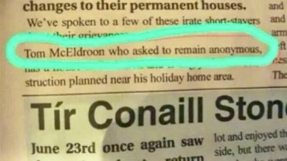 newspaper article with text “Tom McEldroon who asked to remain anonymous.” circled
