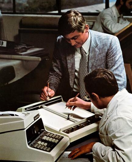 “The 9125A was the companion plotter for the 9100 calculator. This single-pen plotter connected to the I/O slot at the back of the 9100. The 9125A had a plotting surface of ten inches by 15 inches and employed electrostatic paper hold down.”

Engineers in suits, pencils poised over an HP 9125A plotter hooked up to a HP 9100 calculator.

source https://hpmuseum.net/display_item.php?hw=82