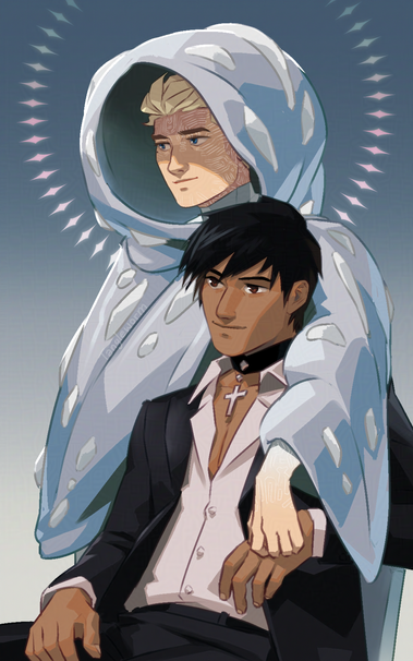 A vertical two-character portrait of Knives Millions as he appears in Trigun Stampede and Nicholas D. Wolfwood as he appears in Trigun Maximum. Knives is wearing his amorphous cloak and Wolfwood his black suit jacket, unbuttoned. Knives is resting his arm affectionately over Wolfwood's shoulder, and Wolfwood is in a relaxed seated pose.