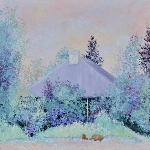 Oil painting of an Australian farmhouse nestled amongst the trees. It is the end of the day and there is a pink glow in the soft sky. The hens are still scratching about on the path.