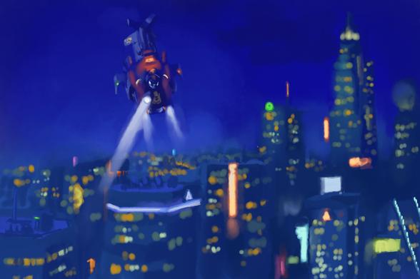 Digital painting of anti-gravity vehicle with spotlight, flying above neon lit cityscape