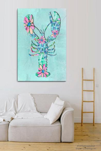 Colorful lobster in blue with pink daisies by artist Sharon Cummings.