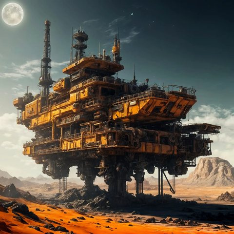 oil platform somewhere on Jupiter, desert, rocks, (sci-fi, diesel-punk:1.5), epic, cinematic, orange and yellow colors