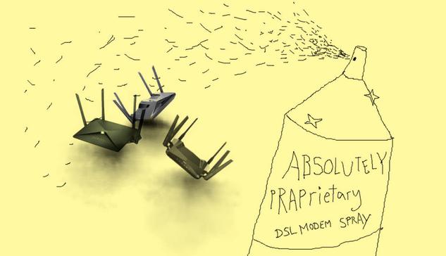 A bunch of modems with there antenna  in the air are scattered on a surface like dead insects with their legs in the air, hand drawn is a spray bottle brandishing a label %22Absolutely  Proprietary DSL Modem Spray%22.jpg