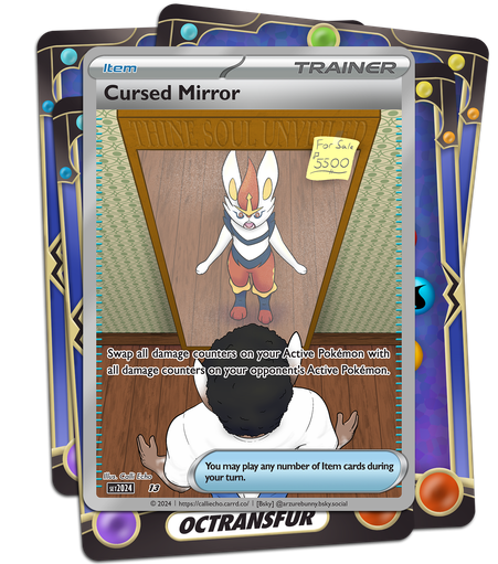 A custom Pokémon Trading Card Game card. Viewed from above, Arzure stands before a mirror in a thrift shop. At the top is a "for sale" label over the engraved text "THINE SOUL UNVEILED". Reflected in the mirror is a Cinderace! And his human body seems to be changing to match...