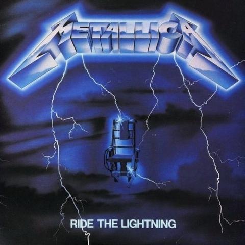 The image features the album cover for "Ride the Lightning" by Metallica. It depicts a blue and black background with lightning bolts, showcasing an electric chair prominently in the center, above which the band's name is displayed in stylized metallic letters.