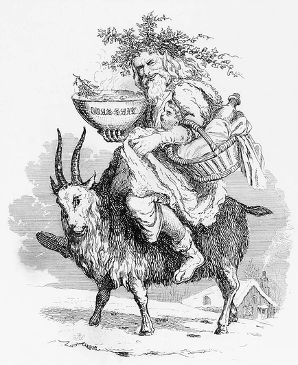 Old Father Christmas riding on a goat. With white hair and beard and holly-crowned, he holds a bowl of ale and a basket of provisions.
