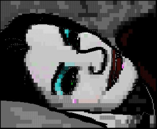 Unicode ANSI art of a woman's face, laying on her side, smiling. She has black hair, pale skin, green eyes, blue and black eye makeup, red lipstick, and lip piercings.
