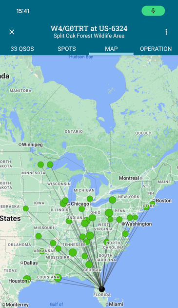 A map of locations contacted during a Parks On The Air activation using an Elecraft KH-1 on 20 metres