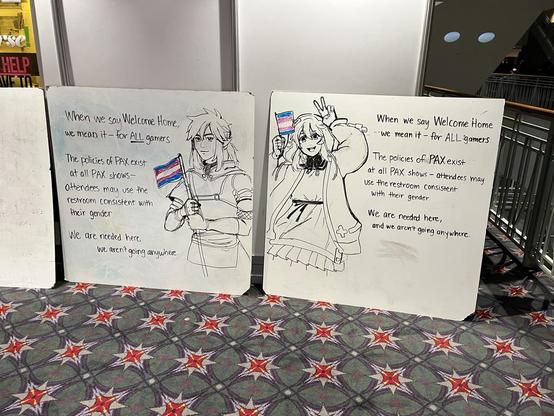 Text next to Link and a Trans flag: “When we say Welcome Home, we mean it - for ALL gamers. The policies of PAX exist at all PAX shows- attendees may use the restroom consistent with their gender. We are needed here, we aren't going anywhere. “
