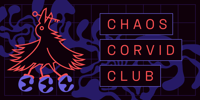 A landscape oriented rectangle sticker design. The sticker has a black background with a dark purple grid and a lighter purple blob shape. On the left is an illustration of a three-legged crow outlined in red with a key in its beak, and a letter C in each of its claws. On the right are the word Chaos Corvid Club in red letters.