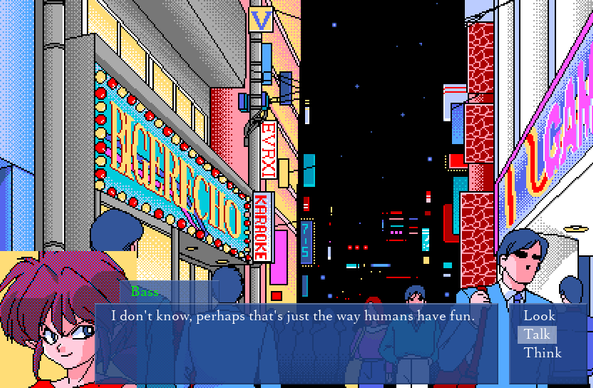 Screenshot from Jewel BEM Hunter Lime episode 1, English-patched: a busy nighttime street in a Japanese city, lined with bright lights and entertainment venues. One of our protagonists, Bass, observes the scene, musing, "I don't know, perhaps that's just the way humans have fun."