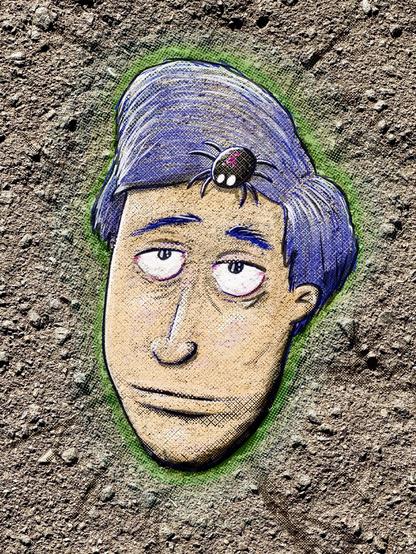 A drawing of a person’s head. They have a scary looking spider crawling on their forehead.