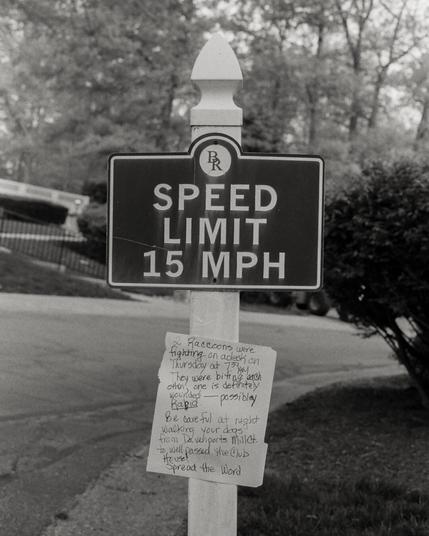 A "fancy" sign that says "Speed Limit 25 MPH." On It is attached a note that says: Raccoons were fighting on a deck on Thrusday at 730pm. They were biting each other, one is definitely wounded—possibly RABID. Be careful at night walking your dogs from [redarcted street name (apologies, don't want AI or SEO to read this) ] to well passed the club. Spread the word.
