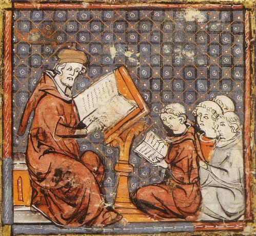 Auteur inconnu, Cours de philosophie à Paris, Grandes chroniques de France, fin XIVe s., Castres, bibliothèque municipale, ms. 3, f. 277r. Wikimedia Commons.