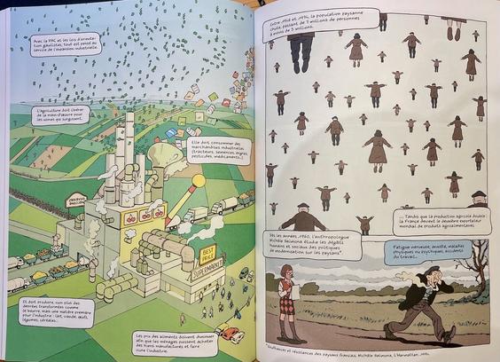 Une illustration de la bd citée 
On voit une image qui montre l’agriculture qui se plie aux exigences de l’industrie : le complexe agri-industriel