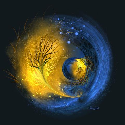 watercolour & ink; dark grey background with a circle of a blue pebbled streak (on the right) and a fiery burst on the left; on the left there are multiple tree branches curving upwards; a reflection in s small circular shape from which yellow branches emerge sit on the right.