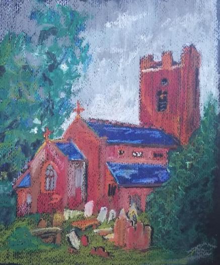 Small sketch in oil pastels of a red sandstone church with a slate roof. The sky is light grey, and there clearly weren't many shadows around..