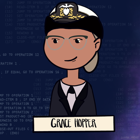Image of Grace Hopper (a gray-haired person wearing glasses and a US Navy uniform). The image has a darker background with fog and computer code.
