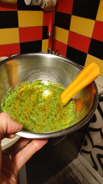 Foto di un hummus di ceci con una carota inzuppata dentro.