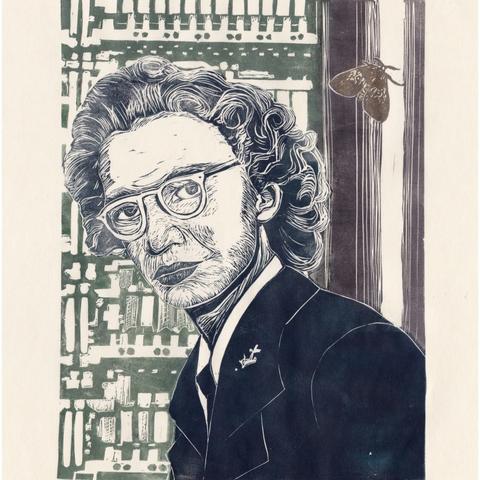 My linocut print of a young Grace Hopper in uniform in dark navy blue with Mark I computer behind here in dark green and grey and the famous moth in dark gold.