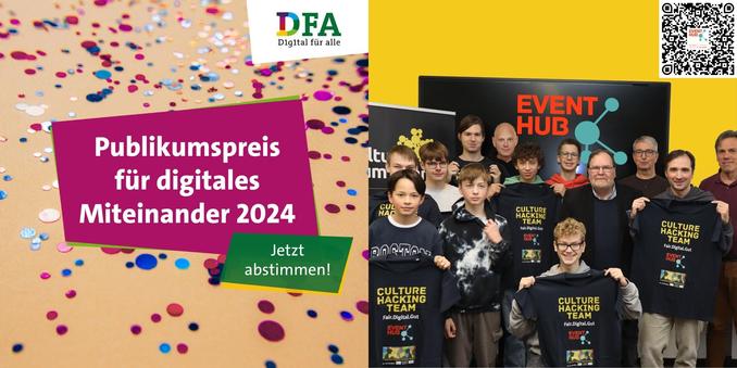 Publikumspreis für digitales Miteinander 2024. Jetzt abstimmen. Rechts ein Bild mit EventHub Logo und vielen Hackern.