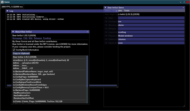 Screenshot of a window containing various Dear ImGui windows, including the ImGui demo window, a log window, and the ImGui about window. The log and about window mention SDL_gpu.