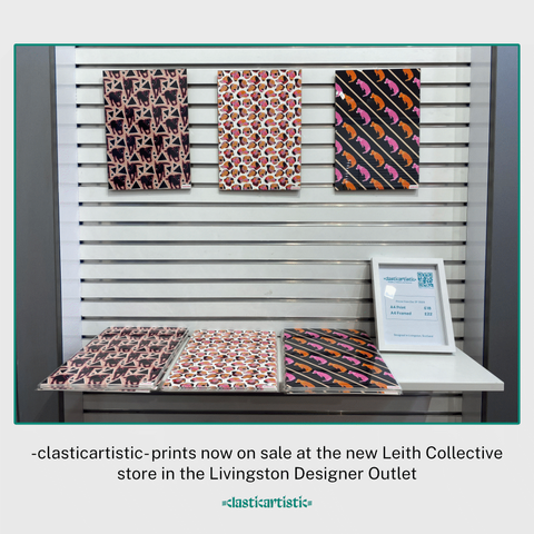 Image - Framed and unframed dog prints on display. Text - -clasticartistic- prints now on sale at the new Leith Collective store in the Livingston Designer Outlet