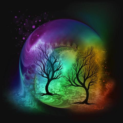watercolour & ink; dark background with 2 curved bare-branched trees which are embraced by colourful curves of fractal lines; rainbow colours tint the scene, curves distort the visual.