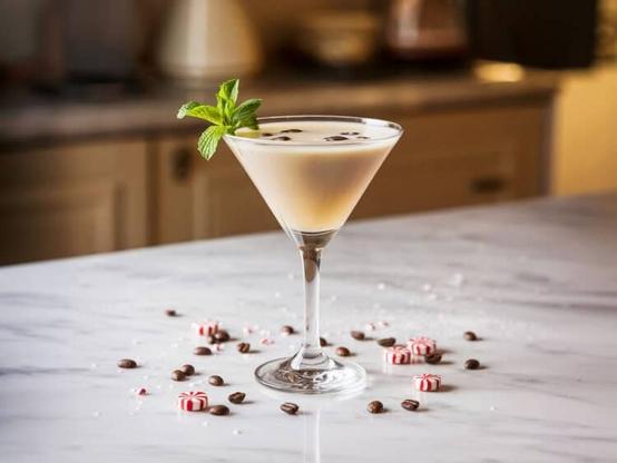 Kahlua Bomb cocktail garnished with coffee beans and a sprig of mint