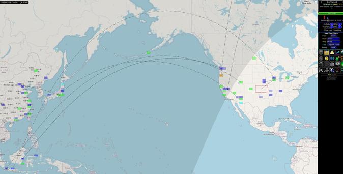 Screenshot of the GridTracker software showing FT8 communication log. Some blue and green squares in the us as well as China and Japan!