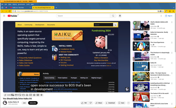 IceWeasel on Haiku viewing a YouTube video from Action Retro titled "You Should Daily Drive Haiku OS"
