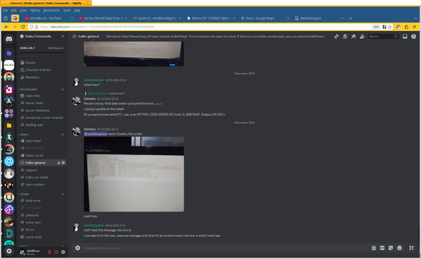 Haiku Community Discord's #haiku-general channel shown in IceWeasel on Haiku