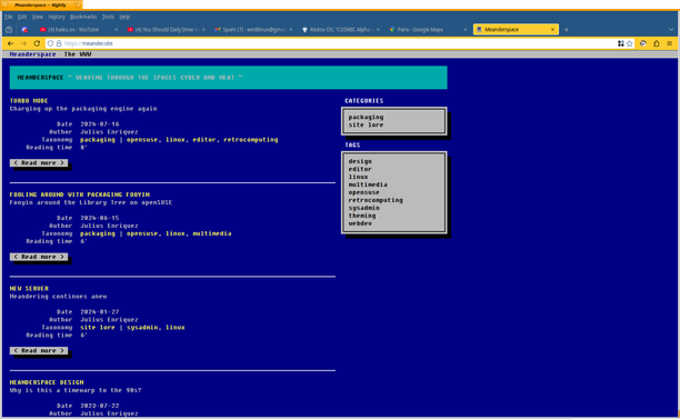 Home page of meander.site (personal website) viewed in IceWeasel on Haiku, with its DOS-era aesthetic.