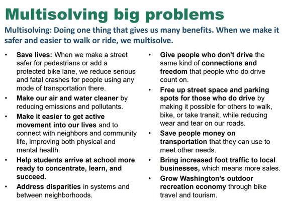 List of big challenges that safe bike infrastructure helps “multi-solve.”