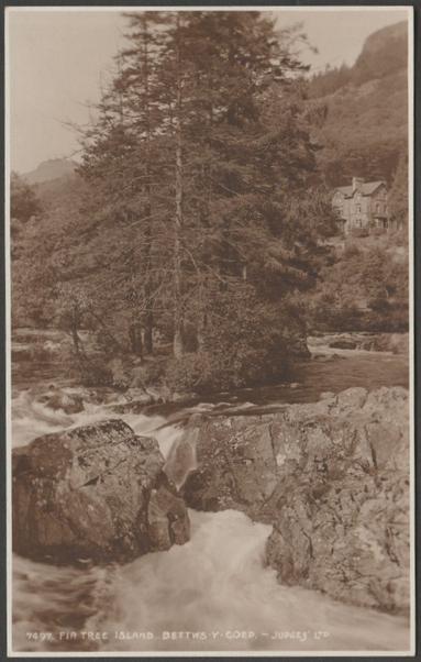 Sepia real photographic postcard showing a view of the Fir Tree Island at Betws-y-Coed in Caernarvonshire.
Published by Judges Ltd, Hastings, No 7497, 1923.
Postally unused, but with message.
Very good condition, with very slight corner bumps.