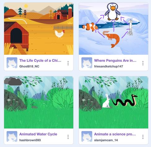 The image features four illustrated educational projects. The top left showcases "The Life Cycle of a Chicken" with a barn and a chicken. The top right presents "Where Penguins Are in..." with a penguin and marine life. The bottom left depicts "