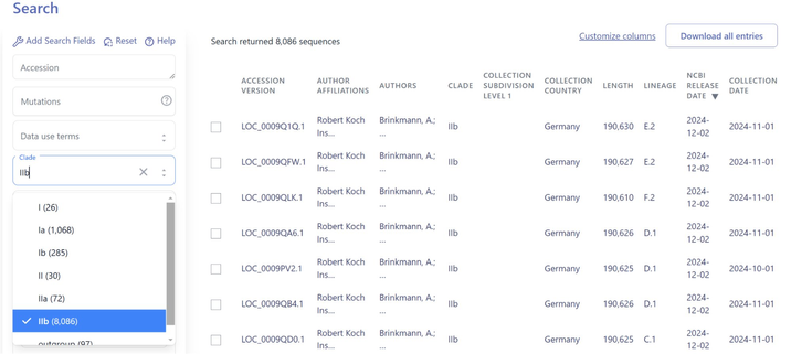 A screenshot of mpox search page on pathoplexus, showing how users can filter data by specific clades. The view shows only sequences with the clade that's been searched for.