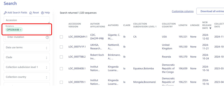 A screenshot of the search interface of Pathoplexus, highlighting that users can also search for specific mutations. Here the mutation being searched in the mpox dataset is OPG064:88, and only sequences with this mutation are displayed.