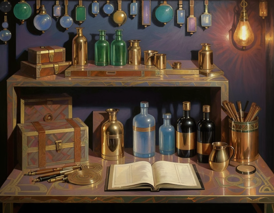 An alchemist's desk, vintage, featuring bottles, inlaid boxes, hanging vials,  brass tools, and an open book, under the warm glow of an alchemical lamp.