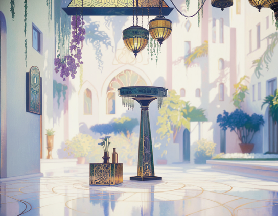 A decorative table with bead fringe, alongside an intricately inlaid brass box, under ornate hanging lanterns, in a cool shady spot in a marble floored hot and sunny courtyard.