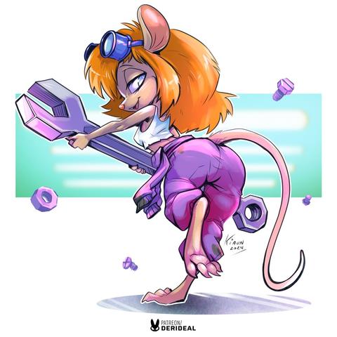 Gadget with the top part of her overalls tied around her waist and a white crop top underneath, bent over forward as she is holding a large wrench.
