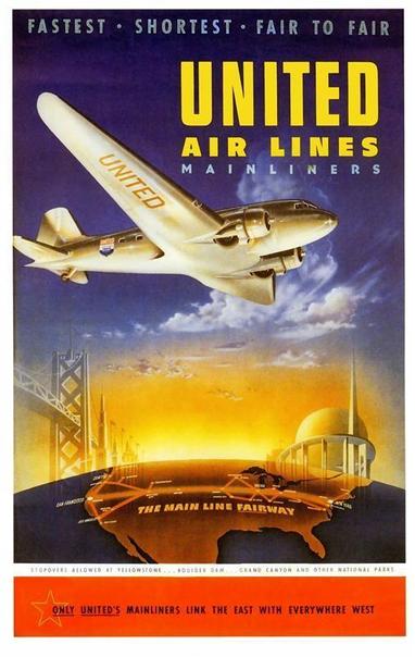 The poster shows a plane high in the sky. On the left Golden Gate International Exposition, on the right, The New York Wold Fair.