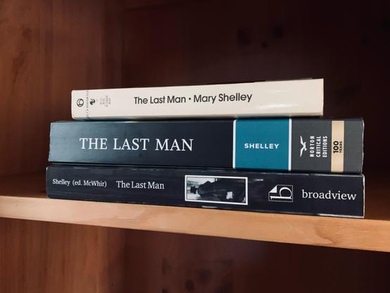 Pictured is a stack of three books, all different editions of The Last Man by Mary Shelley, sitting on a wood bookshelf, spines out.