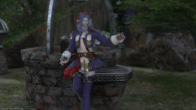 An elf-like woman with lavender skin, blue hair with white streaks, and gold eyes perches on an old water well.  She's dressed in a colorful outfit of blue, red, and white. She seems to be beckoning or pointing to something off-screen.