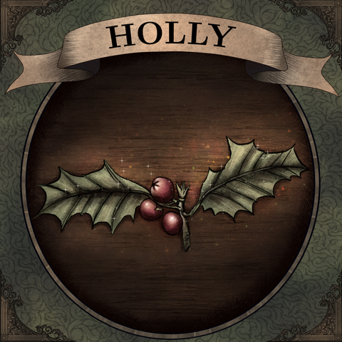 Text: Holly
Image: A holly sprig that has pointy green leaves, and red berries